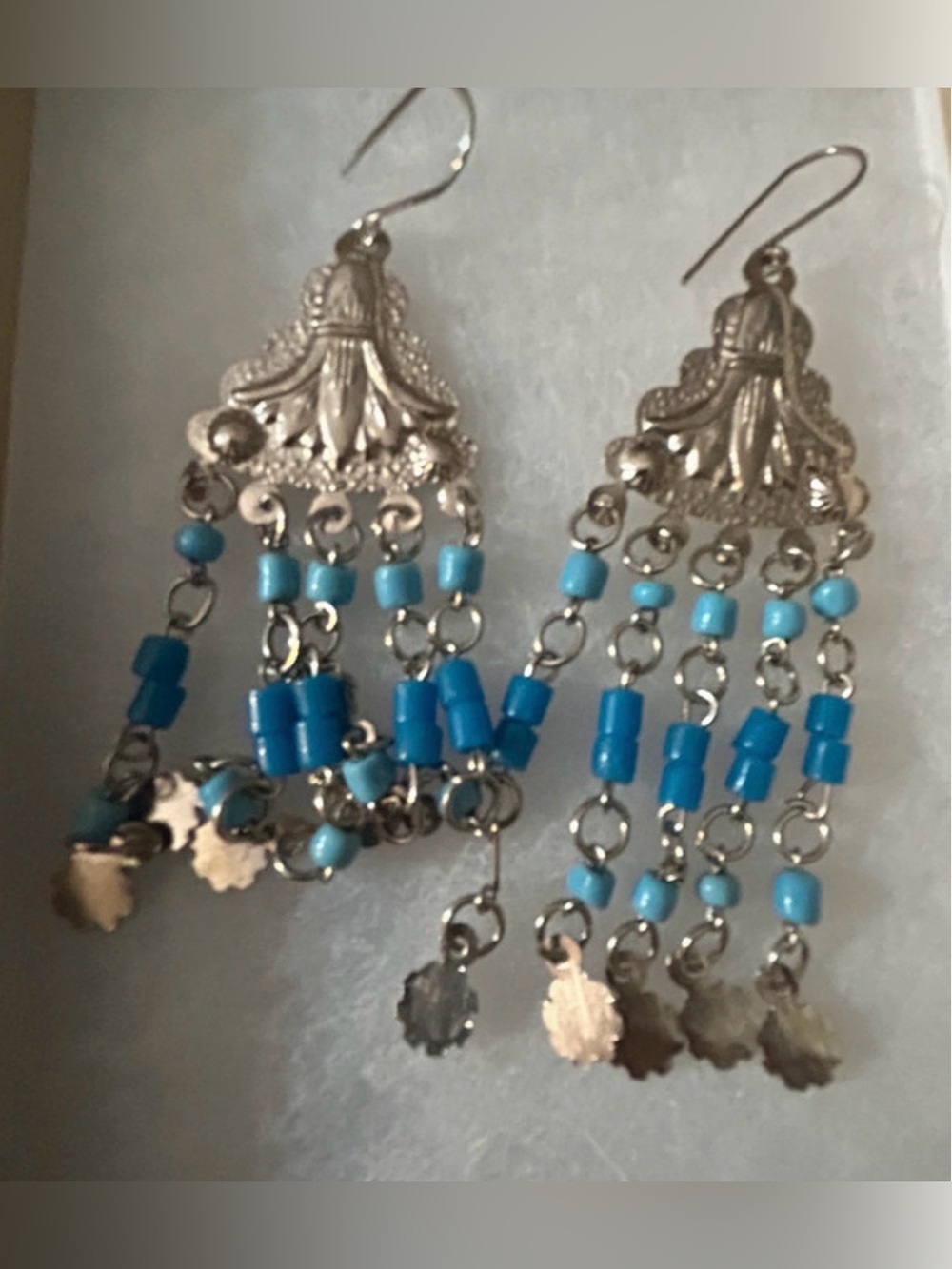 Silver-Tone Blue Beaded Dangle Earrings